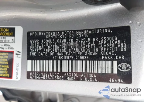 2016 Toyota Avalon Xle z USA, uszkodzony, nr VIN 4T1BK1EB7GU219636